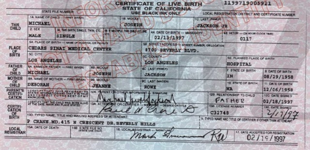 Birth certificate of Michael Jackson's oldest son